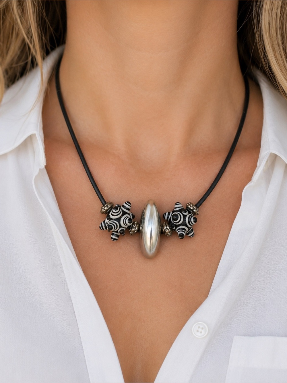 Estate Sterling Silver Black Leather Spiral Lampwork Beads Retro Necklace 15.75